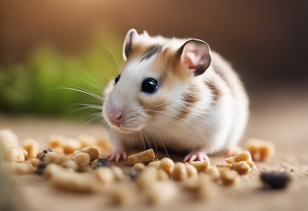 A hamster lying on its side, with a small food pellet stuck in its throat