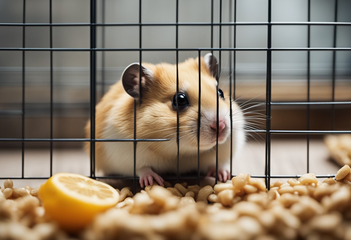 A hamster lying still in its cage, surrounded by uneaten food and a water bottle, with a sad and lifeless expression on its face