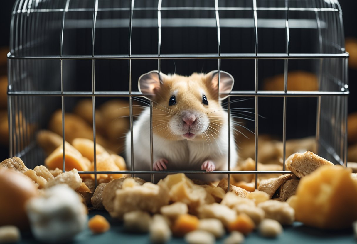 A hamster lies still in its cage, surrounded by a pile of uneaten food. The question "What is the leading cause of death for hamsters?" is written in bold letters above the cage