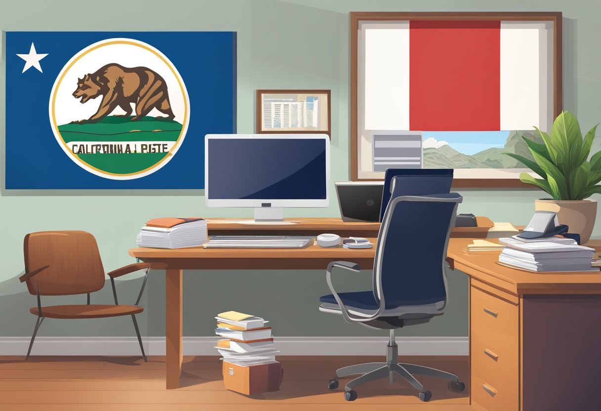 A desk with legal documents, a computer, and a phone. A California state flag hangs on the wall