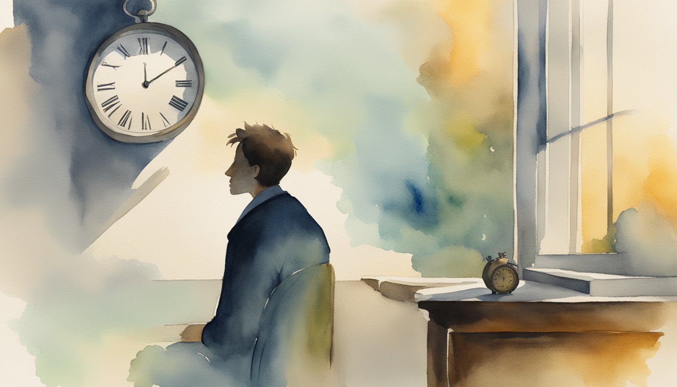 A person experiencing a TIA, with a clock in the background showing the passage of time and a shadow of uncertainty looming over their future