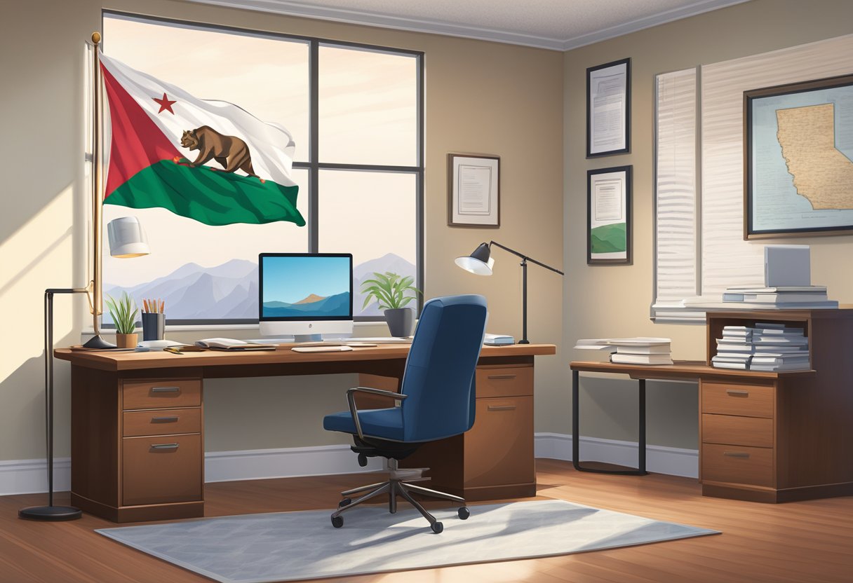 A brightly lit office desk with a computer, legal documents, and a California state flag on the wall