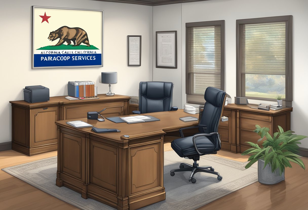 A sleek office desk with a computer, legal documents, and a California state flag. A sign reads "Paracorp California Registered Agent Services."