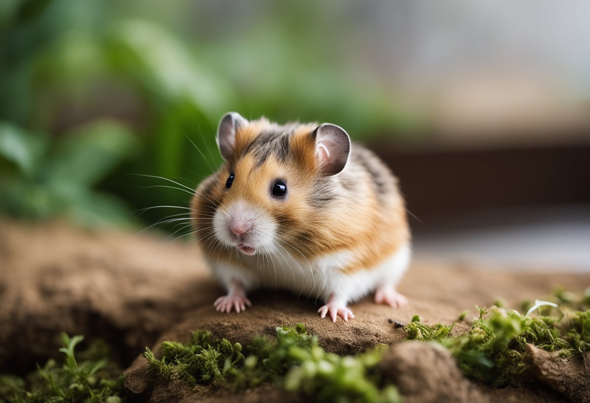 A lethargic hamster with unkempt fur, hunched posture, and decreased appetite