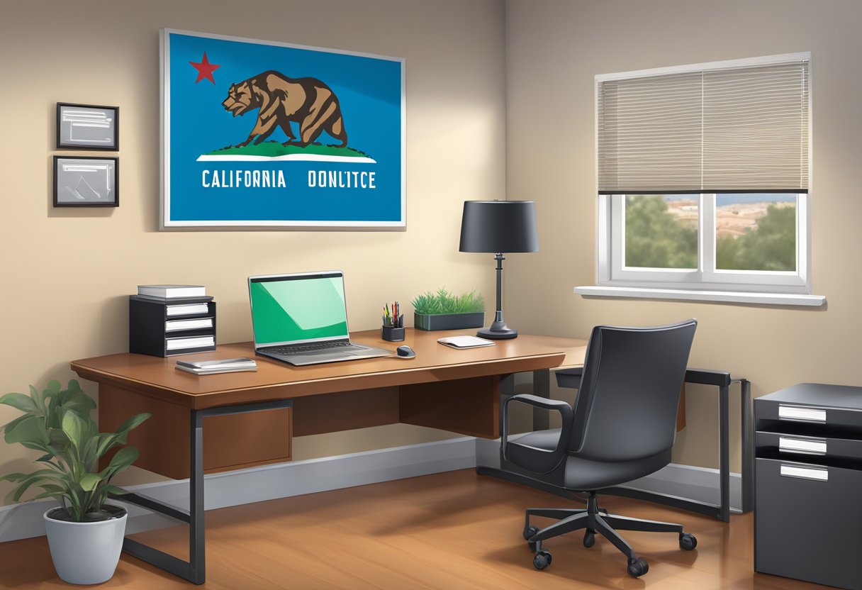 A sleek office desk with a computer, legal documents, and a California state flag hanging on the wall
