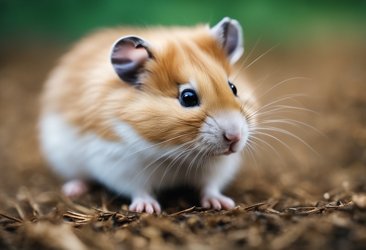 A hamster lying still, eyes half-closed, fur puffed up, and breathing heavily, with a drooping posture and lack of interest in food or activities
