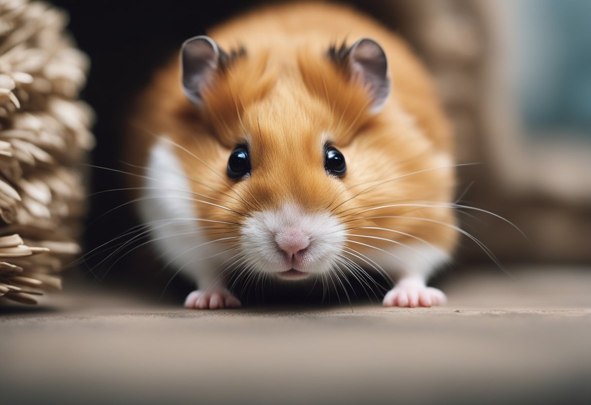 A sick hamster lies still, with puffed fur and closed eyes, avoiding food and water