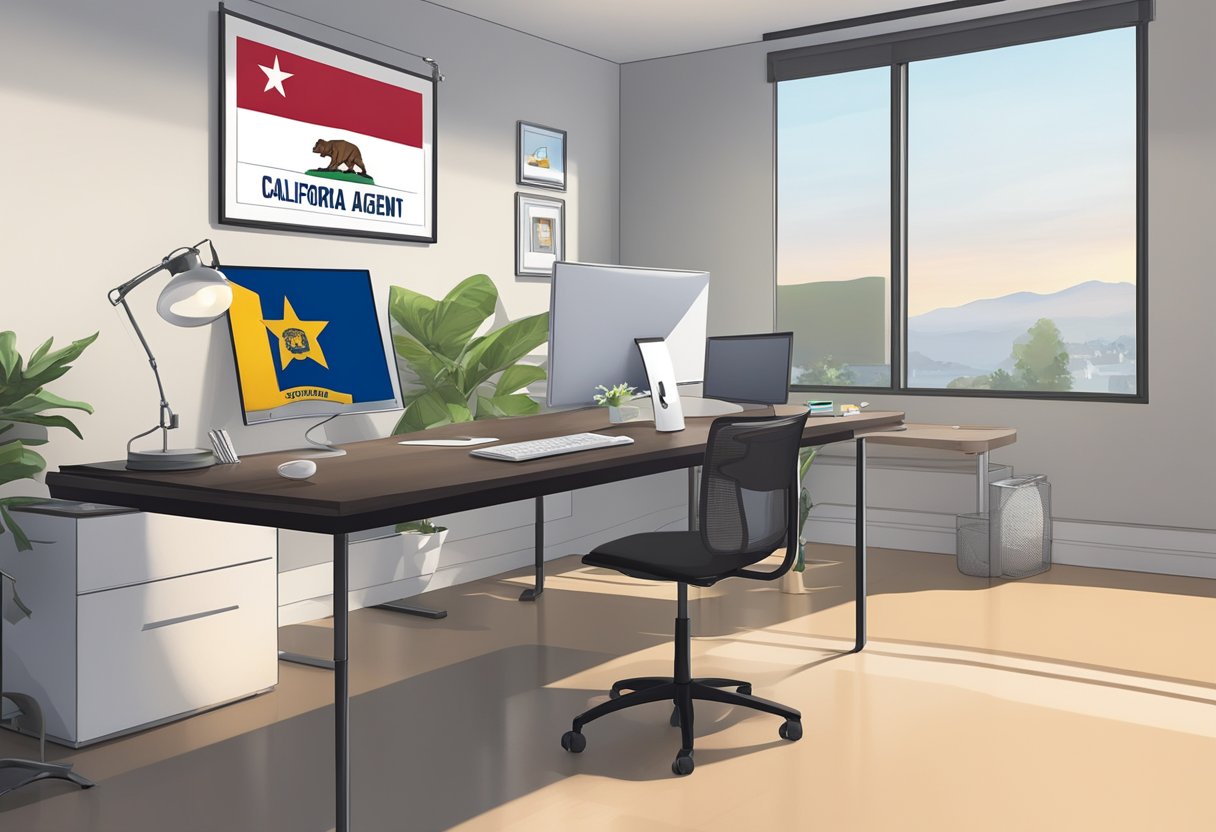 A bright, modern office space with a sleek desk and computer. A California flag hangs on the wall, and a plaque reads "Paracorp California Registered Agent Name."