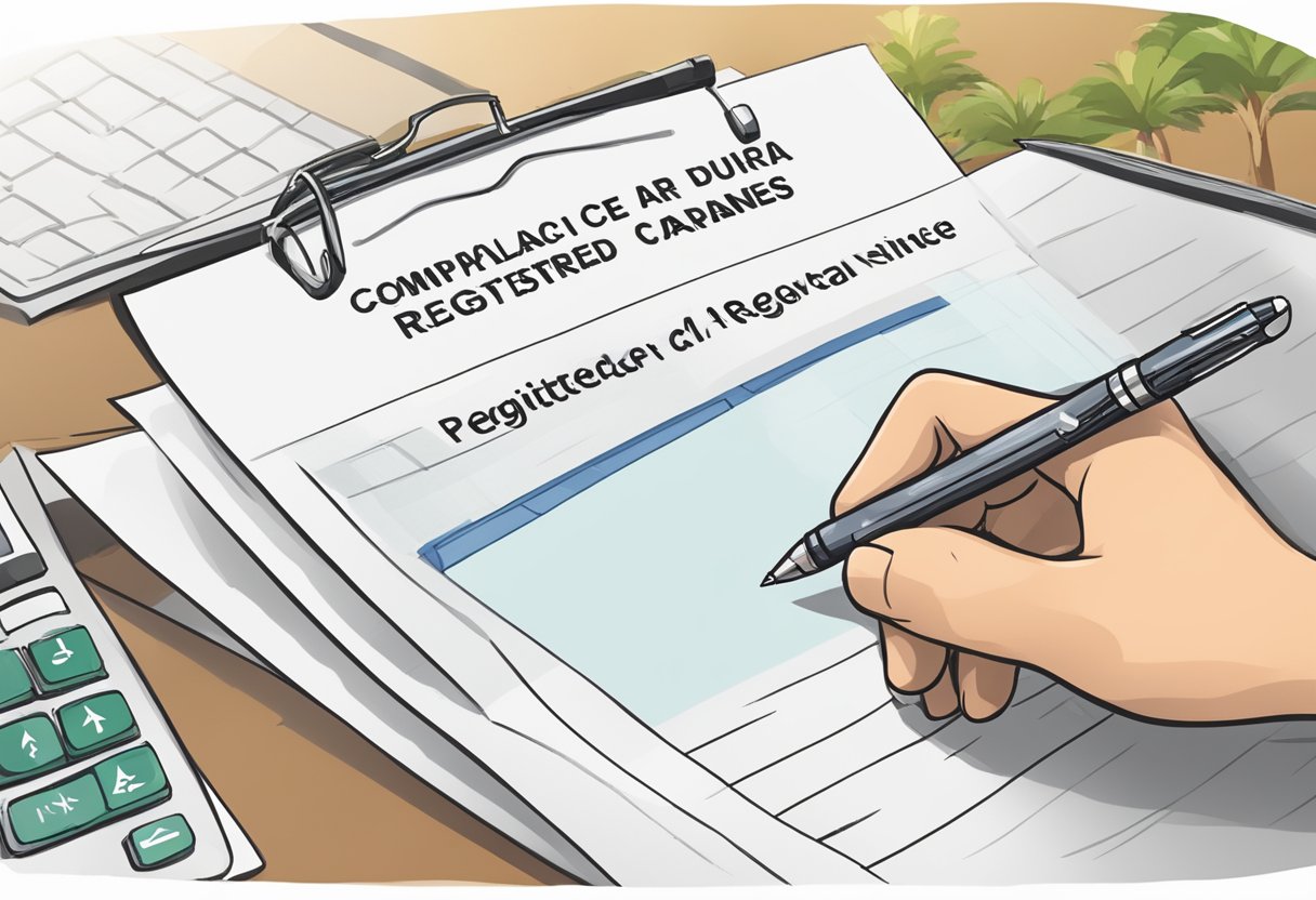 A hand holding a pen signs a document with "Compliance and Updates" and "Paracorp California Registered Agent Name" written on it