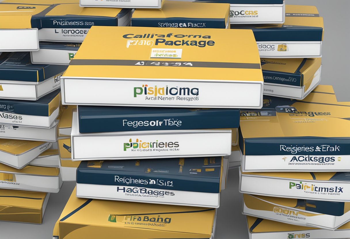 A stack of business packages with "Pricing and Packages" written on them, next to a California registered agent name plaque