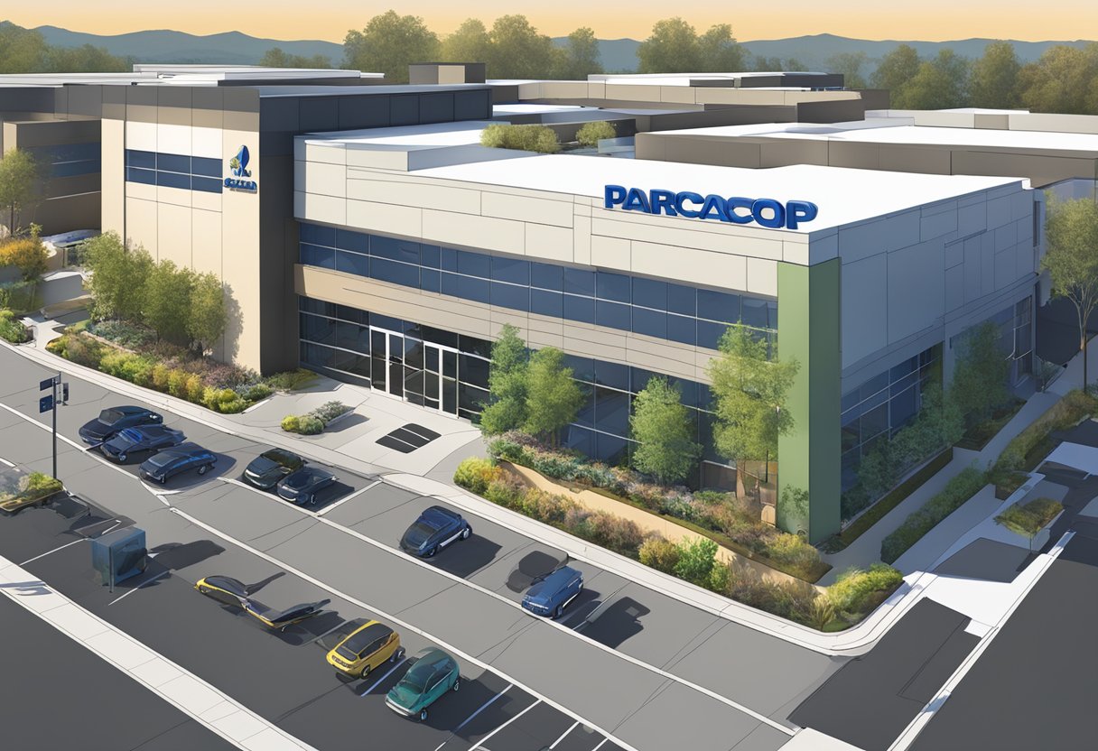 Paracorp Inc's Sacramento office, bustling with employees, equipment, and activity. The building's exterior features the company's logo and a vibrant, professional atmosphere
