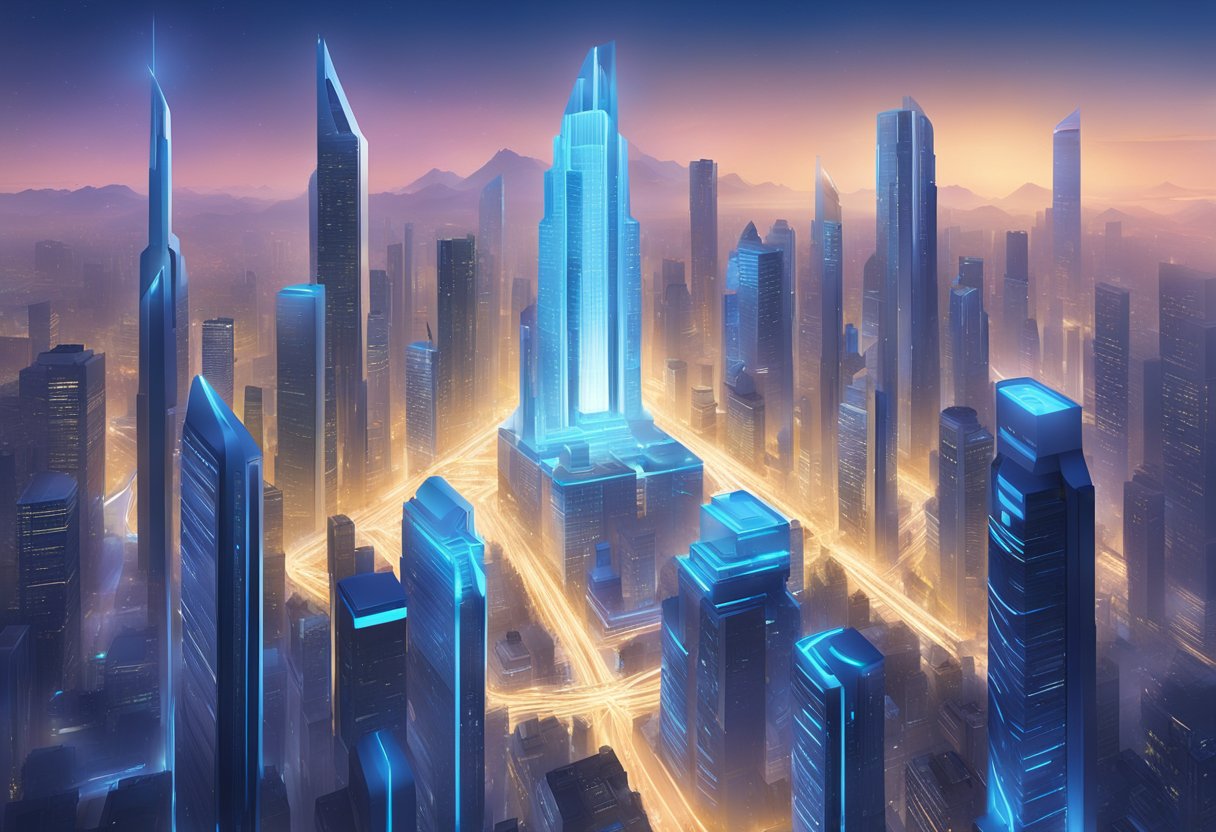 A futuristic cityscape with towering skyscrapers and sleek, metallic buildings. The Paracorp logo is prominently displayed on the largest building, glowing with a neon blue light