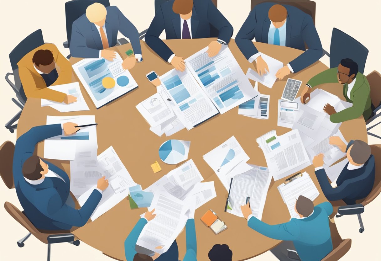 A group of professionals gather around a table, discussing and planning the formation and support of a business. Documents and legal papers are spread out as they collaborate on the process