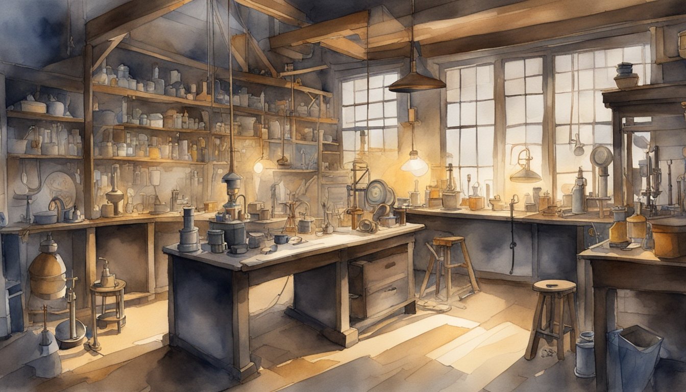 Edison's workshop: cluttered with tools, wires, and experiments.</p><p>A dimly lit bulb flickers, casting shadows as Edison tinkers with his invention