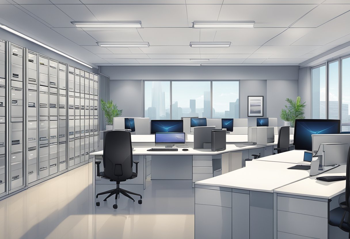 A sleek, modern office space with rows of filing cabinets and computer terminals. The company logo "Paracorp" is prominently displayed on the wall