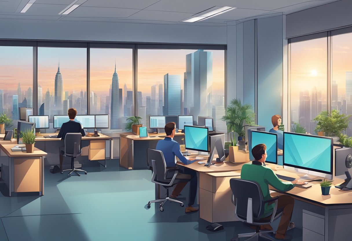A bustling office with computers, phones, and people working at desks. The room is filled with natural light and has a view of the city skyline