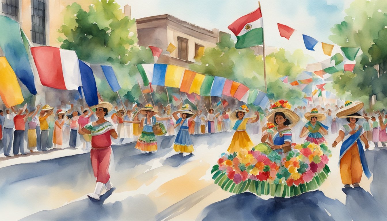 Colorful parade floats, traditional music, and vibrant costumes fill the streets.</p><p>Flags wave proudly as people celebrate Mexico's independence with joy and pride