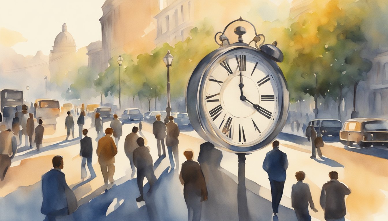 Clocks set back one hour, sun low in sky, shadows lengthen.</p><p>People adjust watches, traffic slows.</p><p>Legislation poster in background