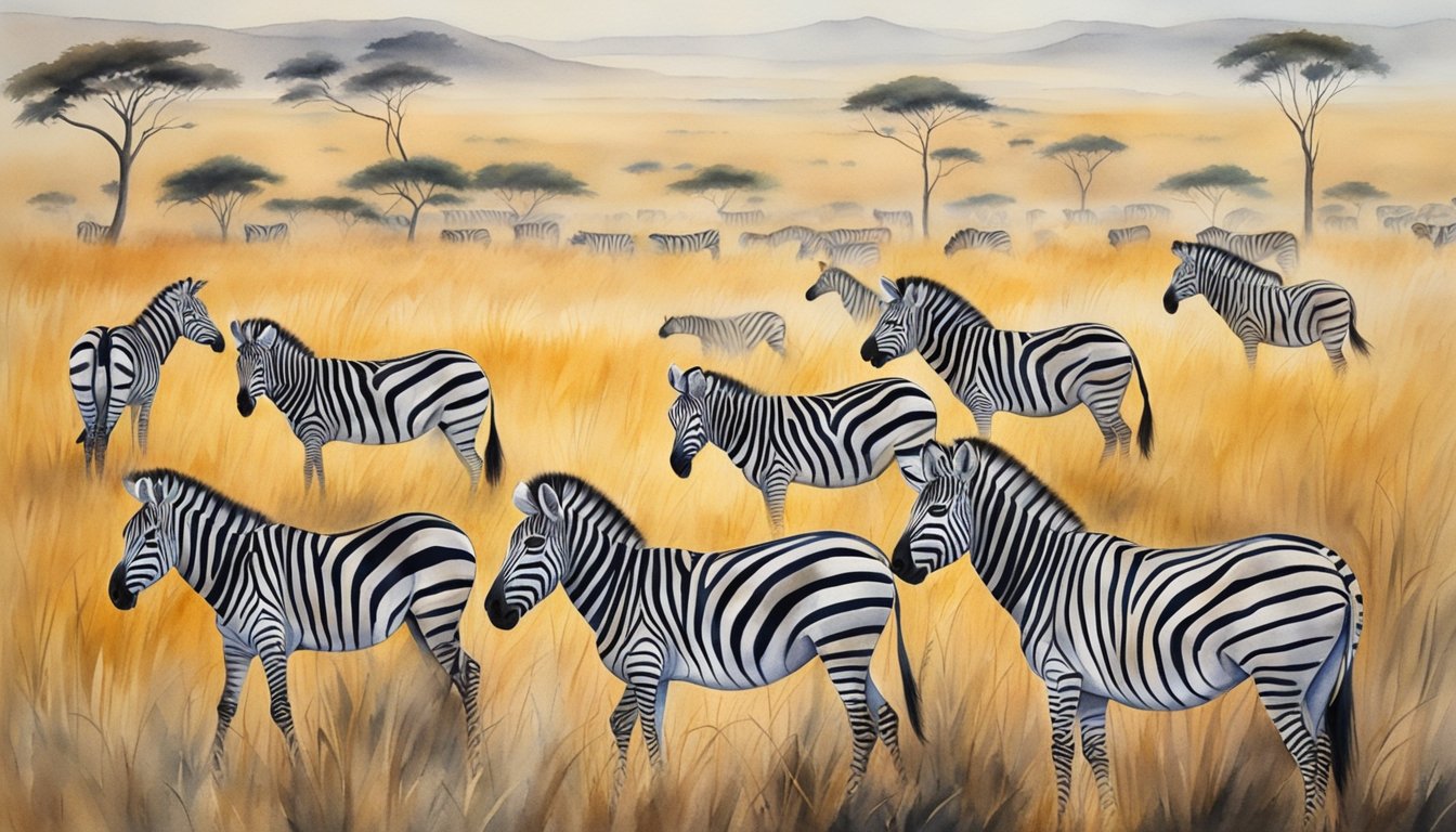 Zebras graze in open grasslands, their black and white stripes blending into the tall, golden savanna.</p><p>A small herd moves together, their distinctive patterns creating a mesmerizing sight against the backdrop of the African landscape