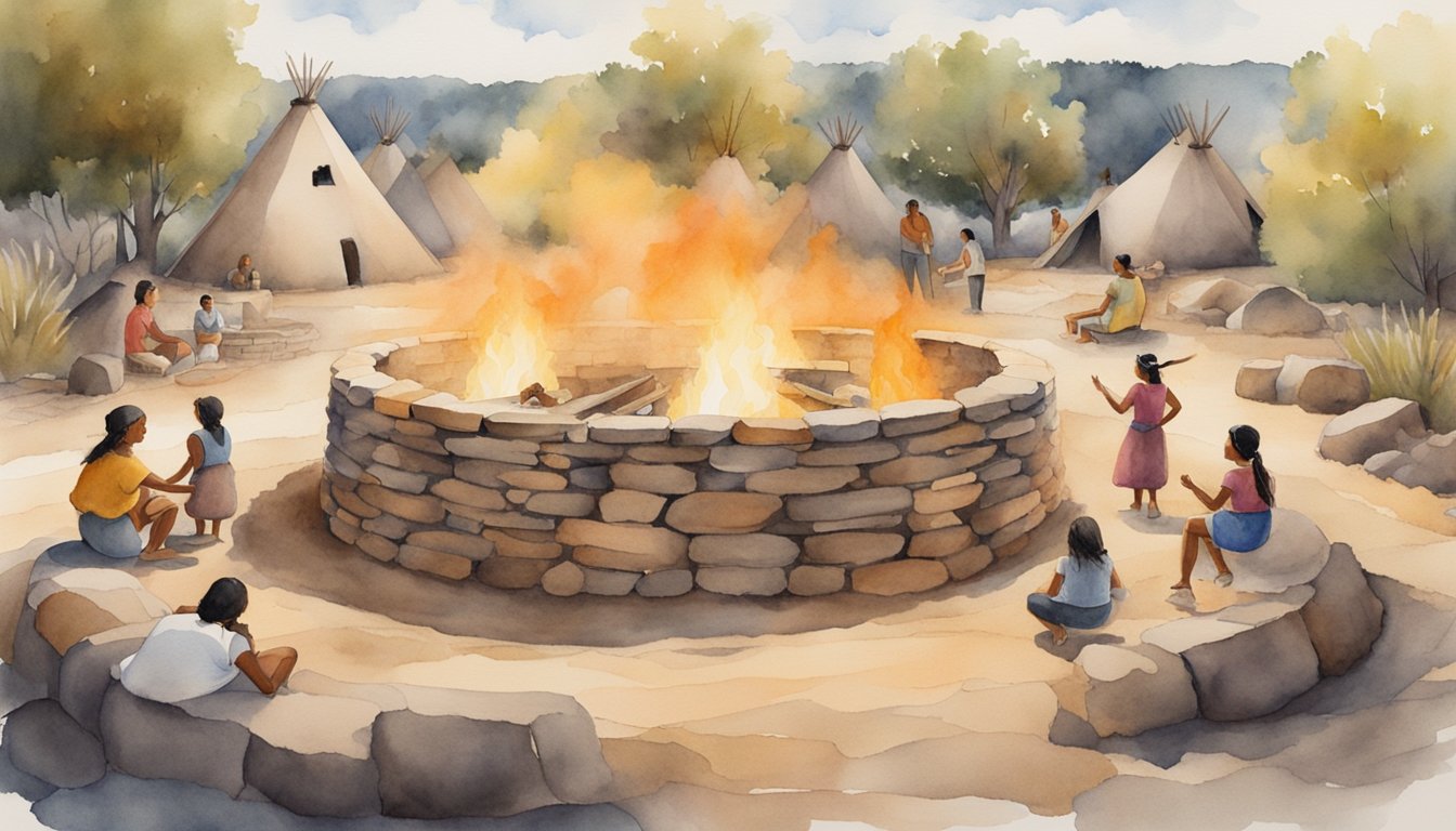 A circle of aboriginal dwellings surrounds a central fire pit, with people engaged in traditional activities like weaving and storytelling