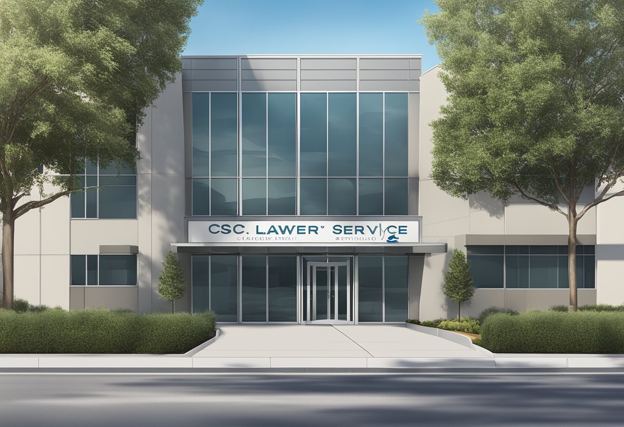 A modern office building with the sign "CSC Lawyers Incorporating Service" at 2710 Gateway Oaks Drive, Suite 150N, Sacramento, CA 95833
