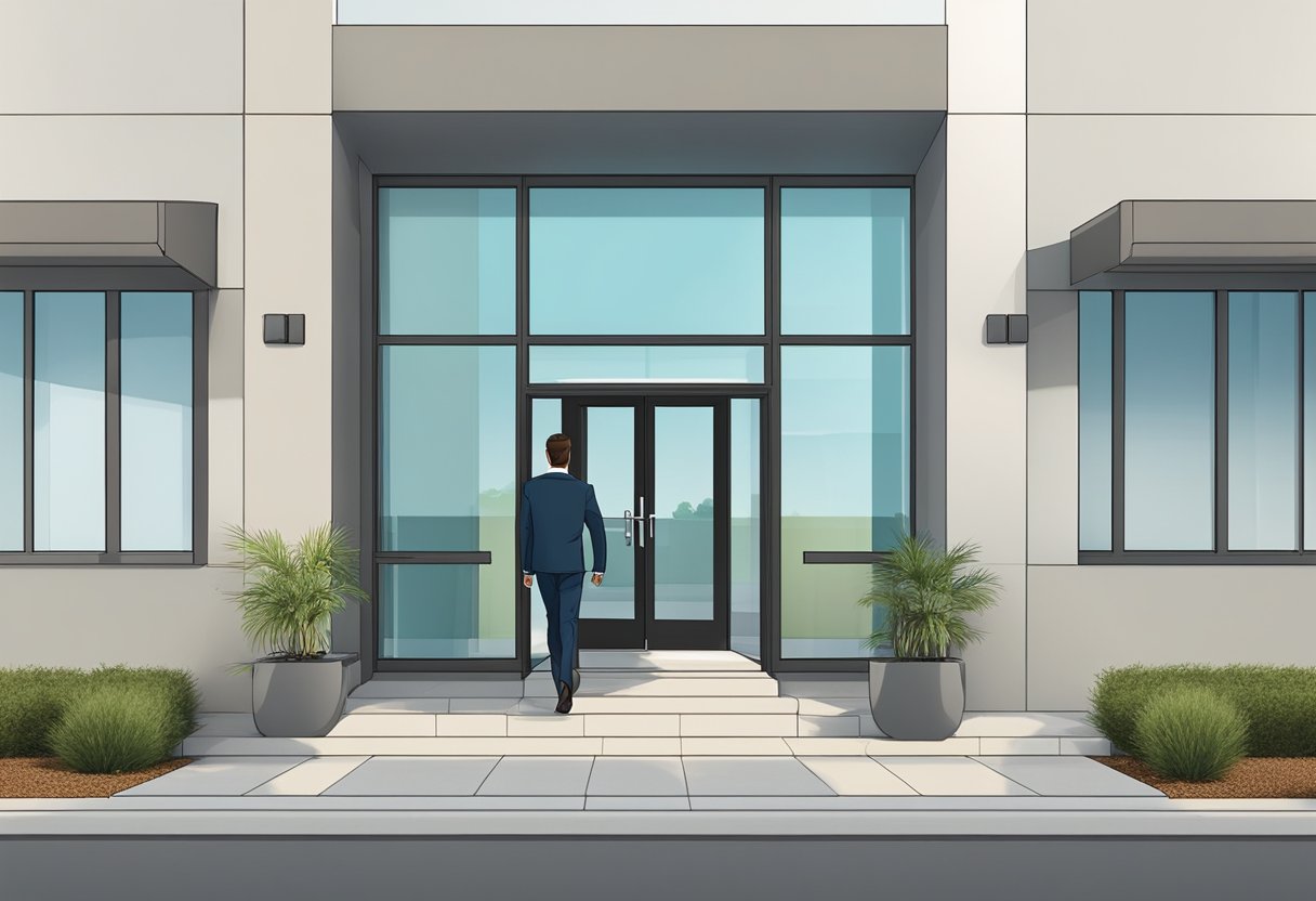 A process server approaches suite 150N at 2710 Gateway Oaks Drive in Sacramento, CA. The building is modern with glass windows and a sleek entrance