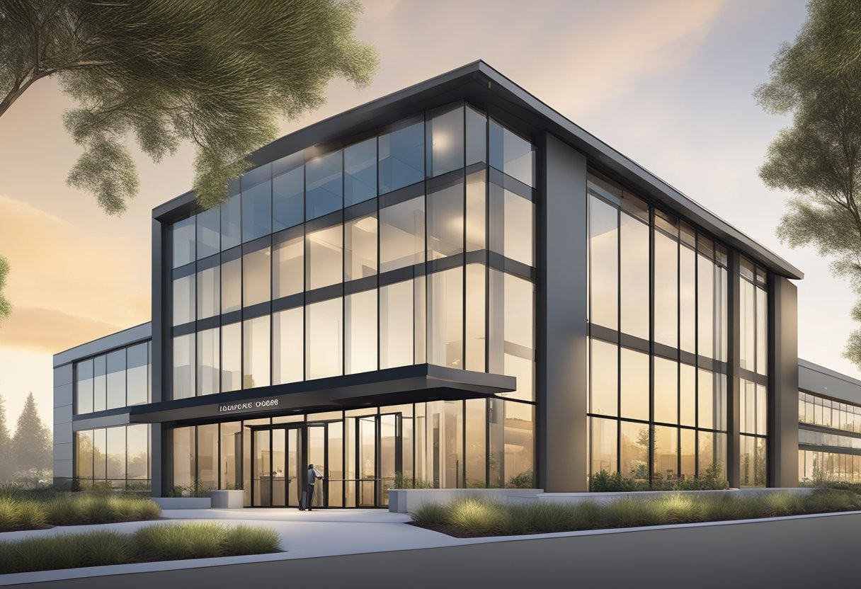A modern office building with glass windows and a sleek entrance sign reading "Frequently Asked Questions 2710 gateway oaks drive suite 150n sacramento ca 95833"