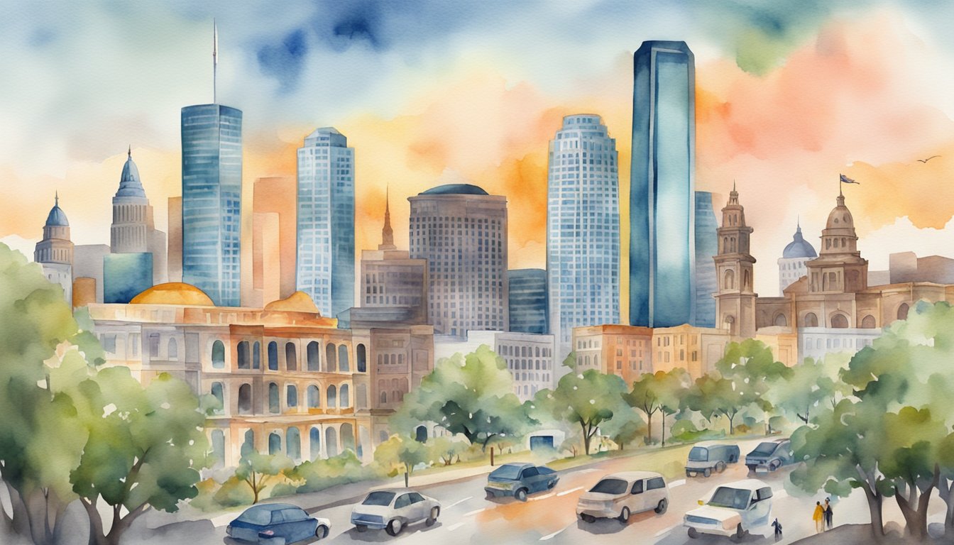 A bustling Texas city skyline with diverse cultural landmarks and thriving economic symbols