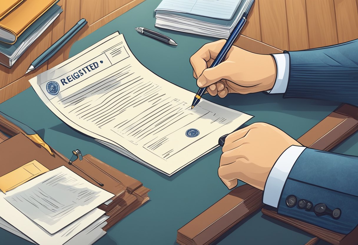 A person signing papers as a registered agent for a company, with a legal document and a corporate seal on a desk