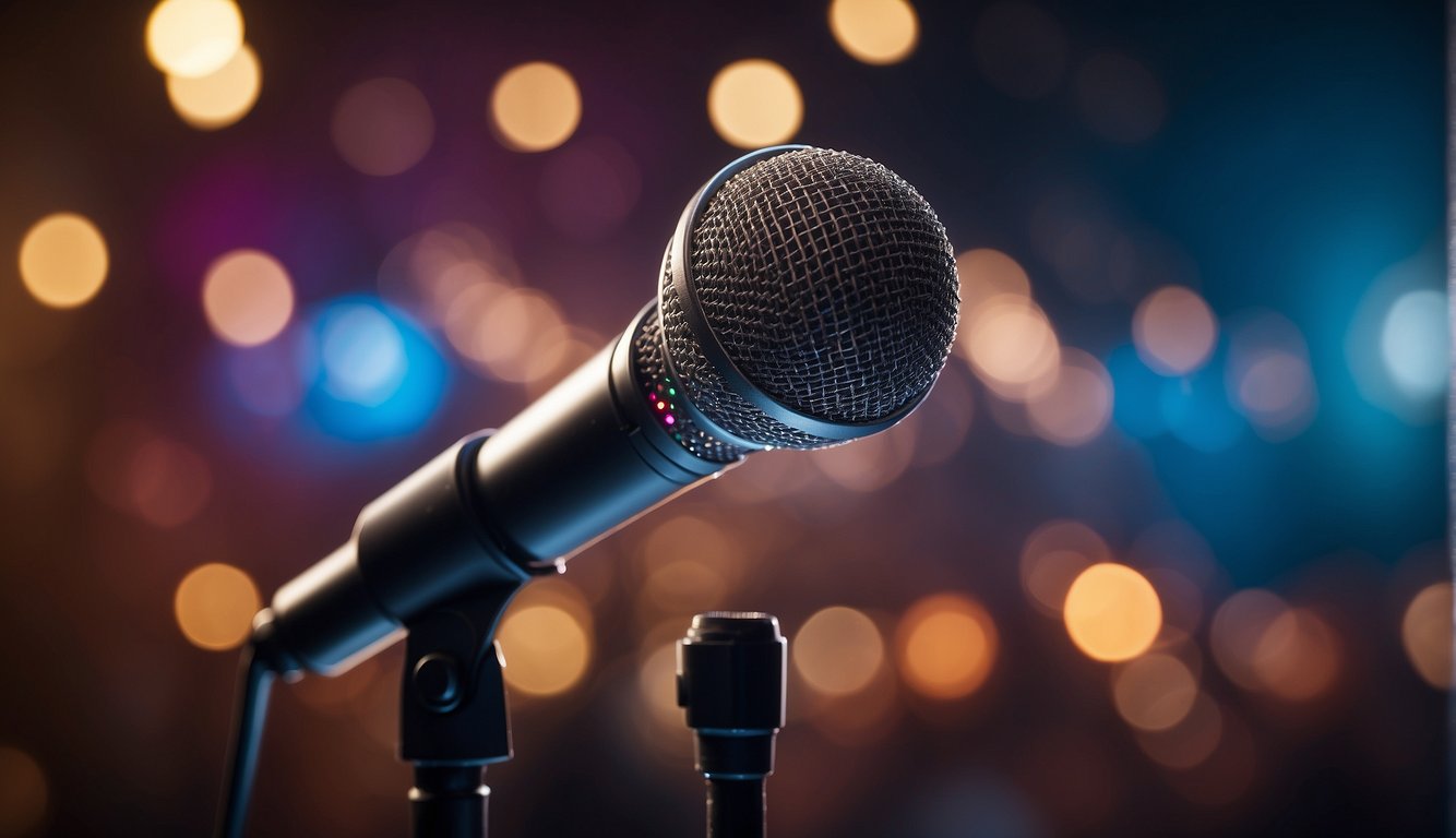 A microphone on a stage with colorful spotlights shining down
