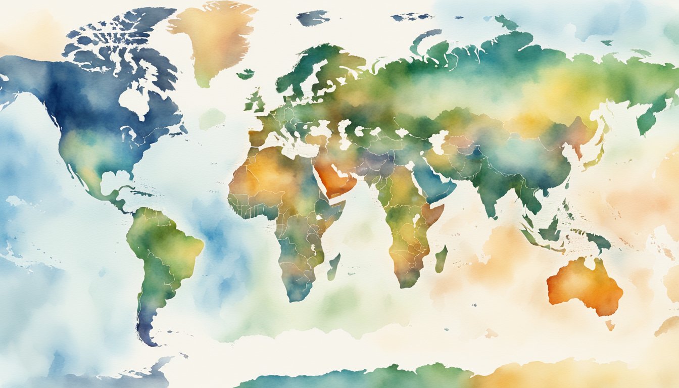 A world map with borders of 195 countries, varying in size and color, representing geopolitical dynamics and population distribution