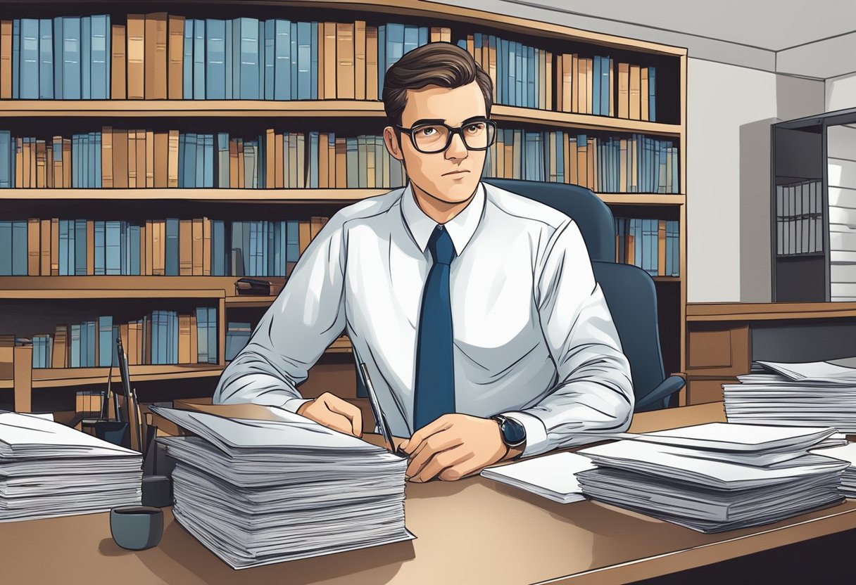 A lawyer at a desk, reviewing compliance documents with a stern expression. Folders and legal books are neatly organized on the shelves behind them