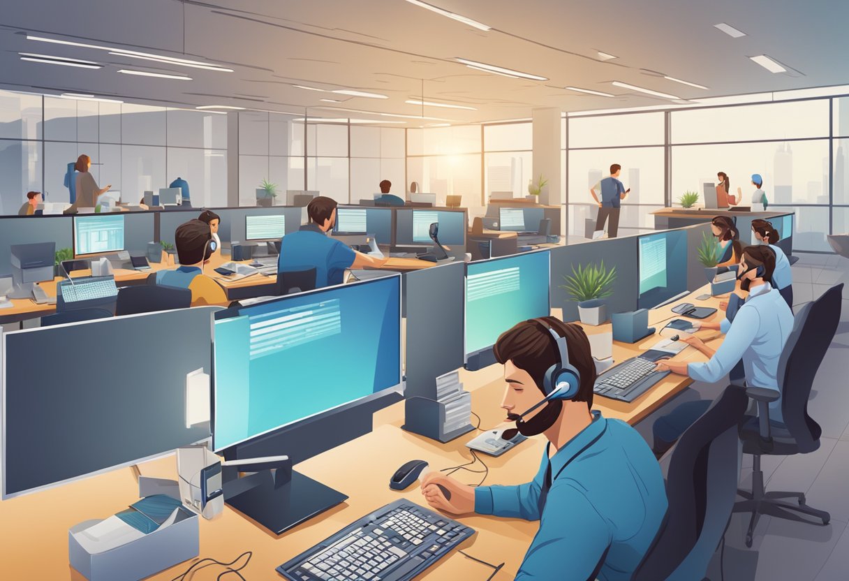 A busy call center with employees assisting clients over the phone, surrounded by computer screens and paperwork