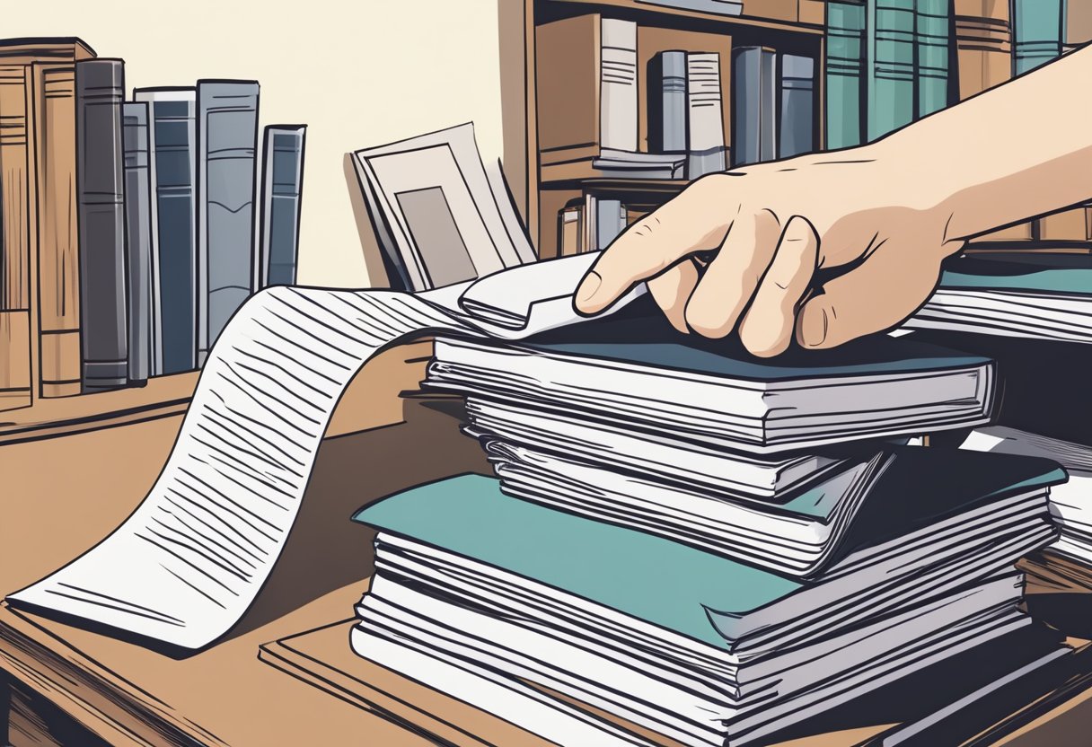 A hand reaches for a stack of legal documents on a desk, with a computer and law books in the background