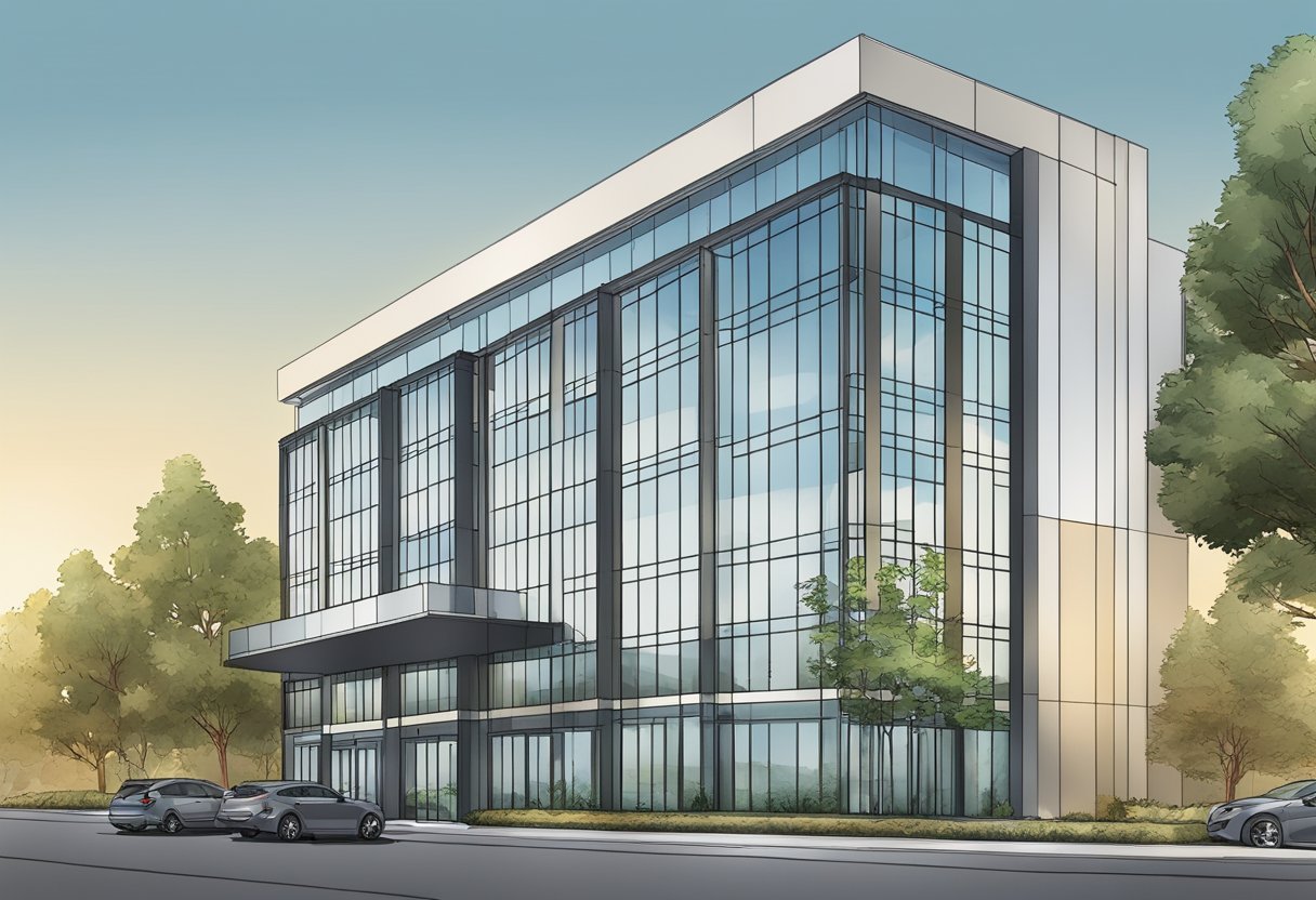 A modern office building with glass windows and a sleek design, located at 2710 Gateway Oaks Dr, Sacramento, CA 95833