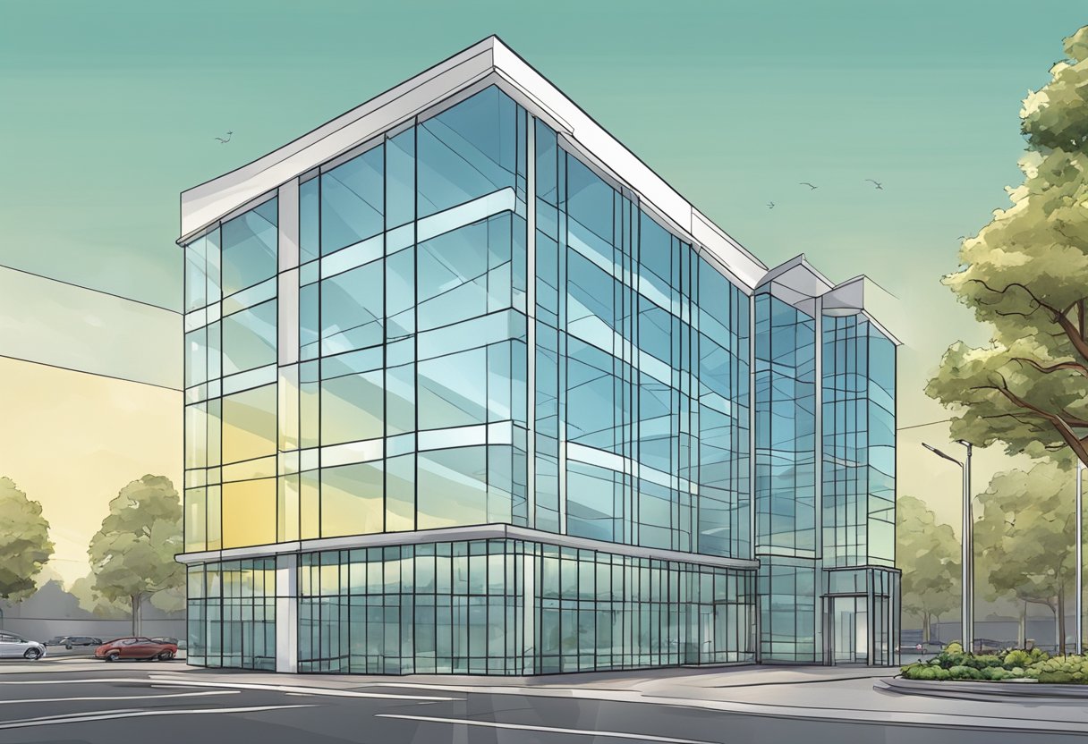 A modern office building with glass windows and a spacious parking lot in Sacramento, CA
