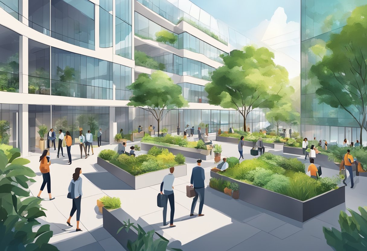 A bustling office complex with people chatting and networking outside. The modern architecture and greenery create a vibrant community atmosphere