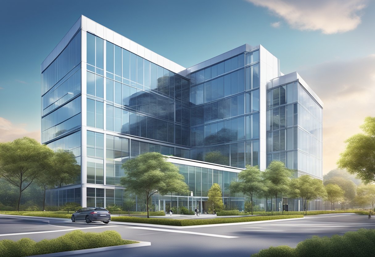 A modern office building with glass windows and a sleek design, surrounded by landscaped gardens and parking lots