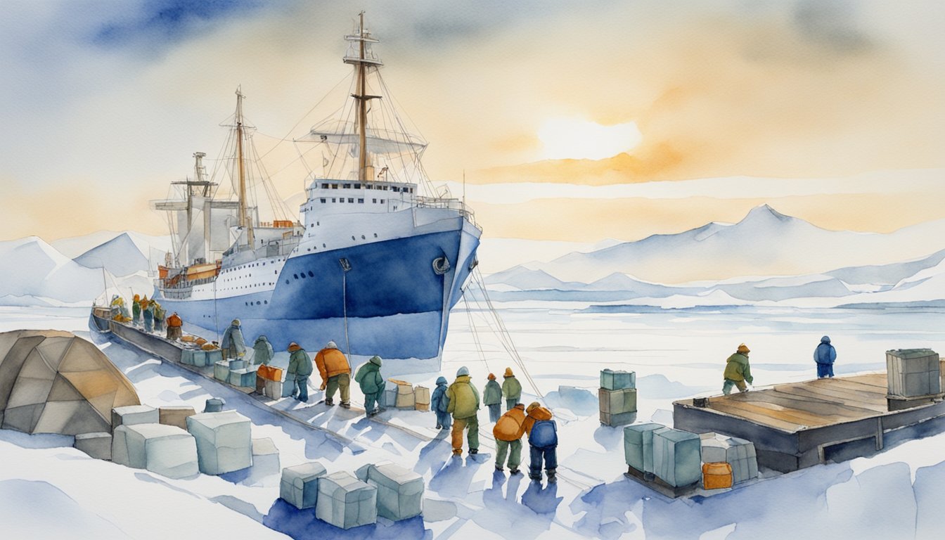 A team loads supplies onto a ship before embarking on a journey to Antarctica.</p><p>The ship sits in a vast, icy expanse as it prepares to depart