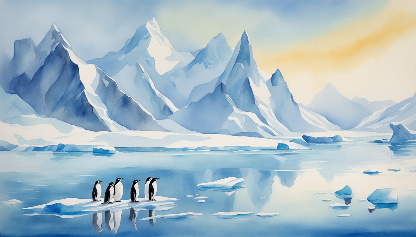 Penguins waddle across an icy landscape, surrounded by towering glaciers and crystal-clear waters.</p><p>The air is crisp and the sky is a brilliant shade of blue, with the sun reflecting off the glistening snow