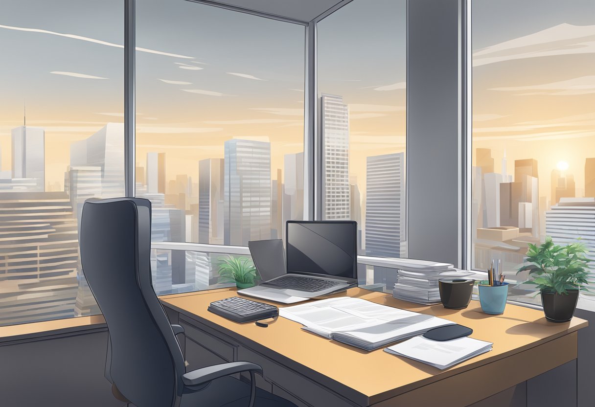 A modern office setting with a desk, computer, and legal documents. A cityscape visible through a window