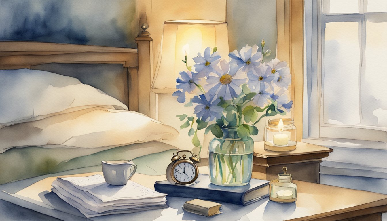 A wilting flower on a bedside table, surrounded by flickering candles and a handwritten letter.</p><p>A clock ticks softly in the background, capturing the quiet stillness of the room