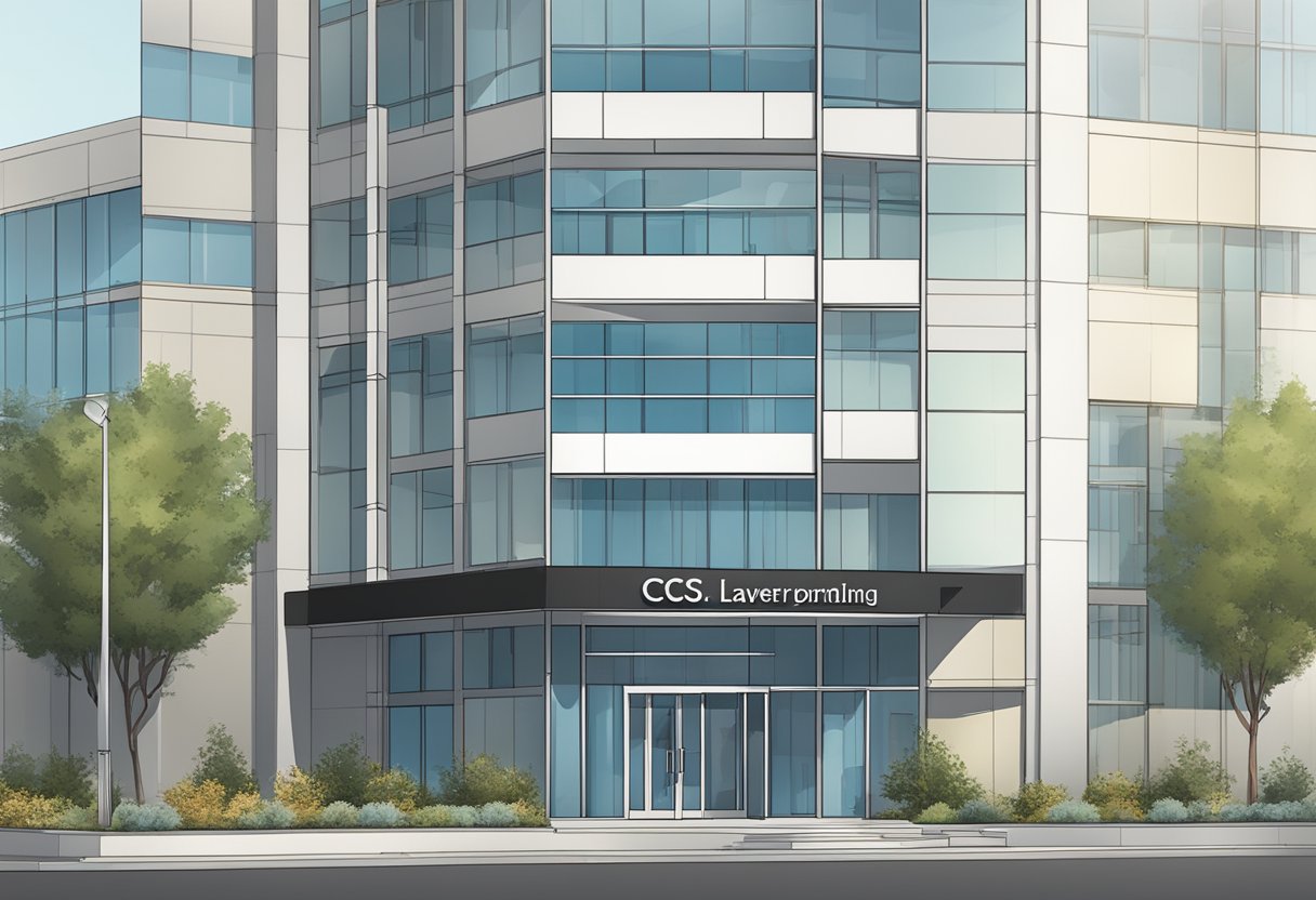 A modern office building in Sacramento with the sign "CSC Lawyers Incorporating Service" displayed prominently at the entrance
