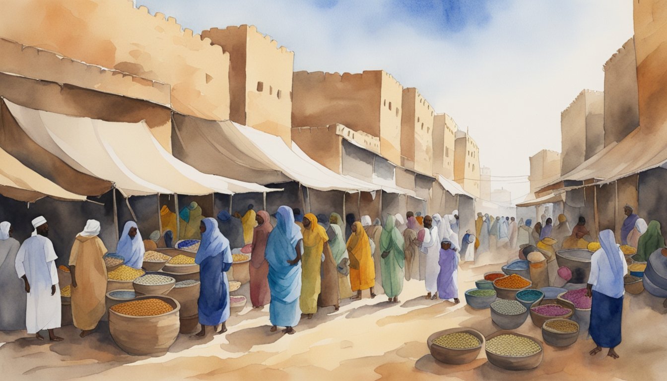 The bustling market of Timbuktu showcases vibrant textiles, spices, and crafts, reflecting its rich cultural and economic significance