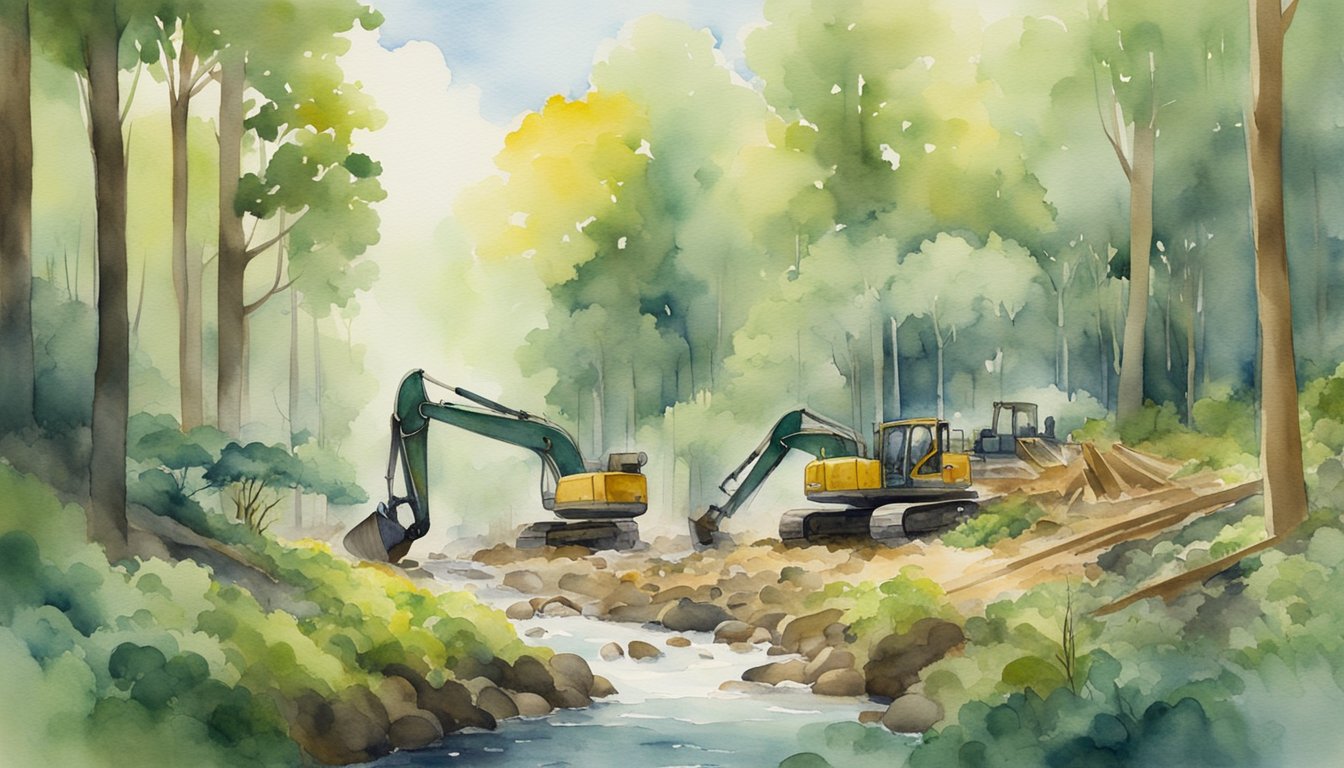 A lush forest being cleared by machines, with animals fleeing and a small stream drying up