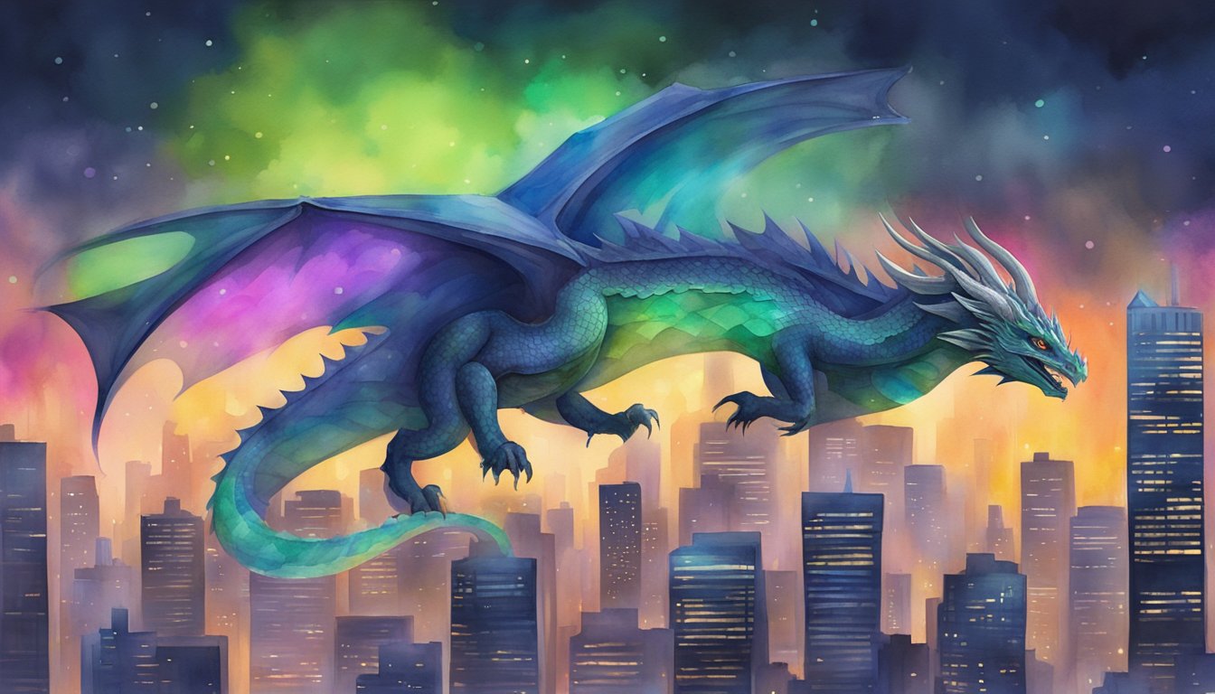 A dragon soaring through a city skyline, with skyscrapers and neon lights in the background, capturing the modern urban setting