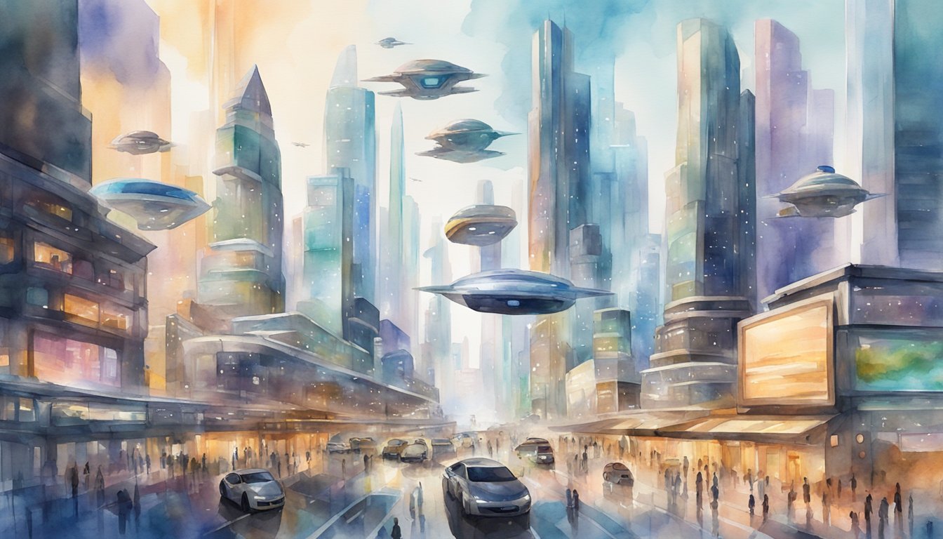 A bustling city skyline with futuristic skyscrapers, flying cars, and holographic billboards.</p><p>People interact with virtual reality interfaces and robots assist with daily tasks