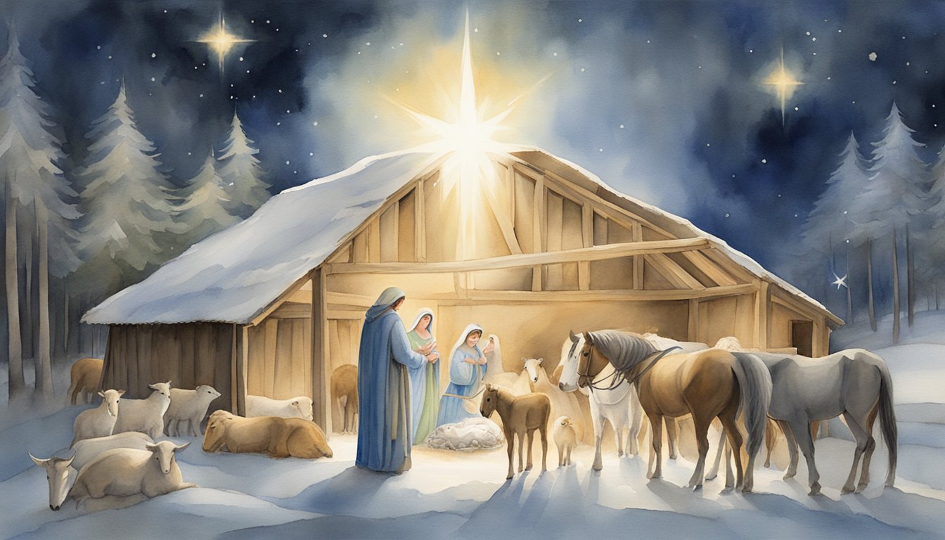 A bright star shines over a humble stable.</p><p>Animals gather around a manger where a newborn baby lies.</p><p>Mary and Joseph watch over the infant, surrounded by angels and shepherds