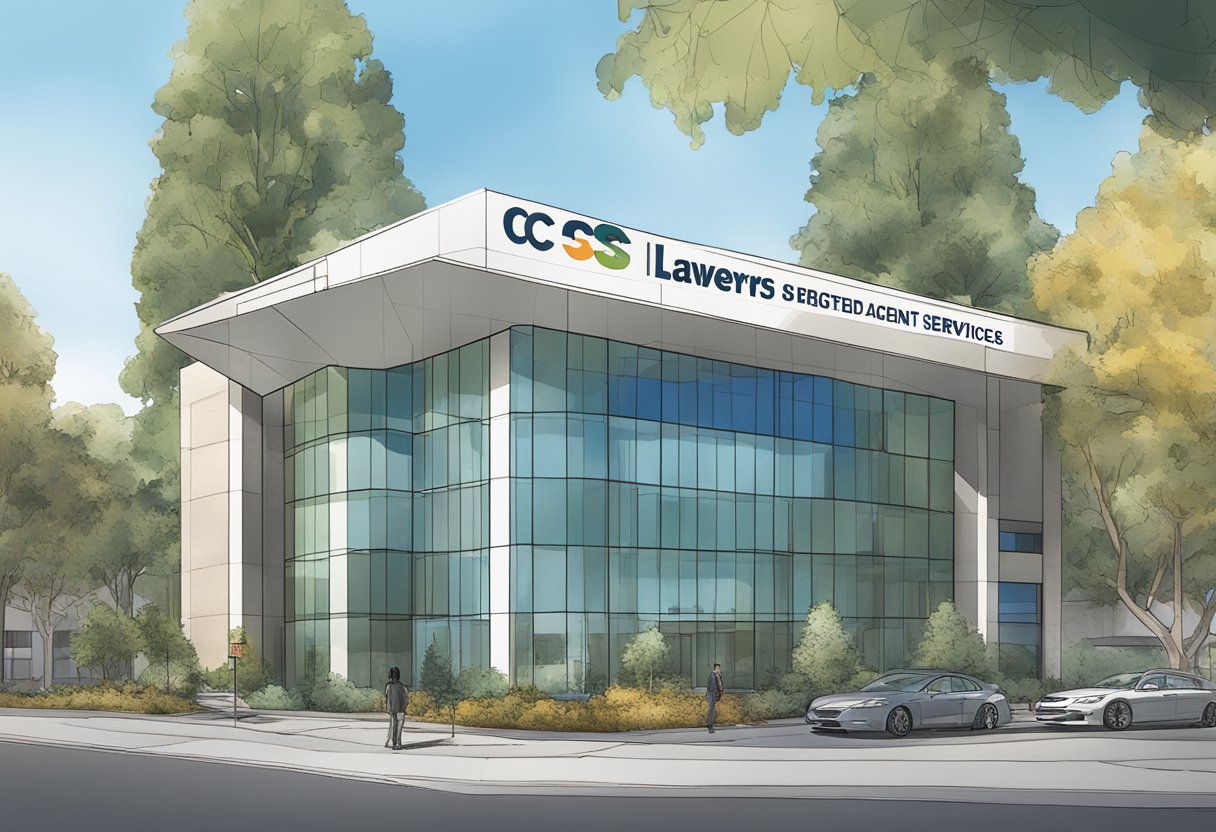 A modern office building in Sacramento, California with a sign reading "Registered Agent Services CSC Lawyers Inc."