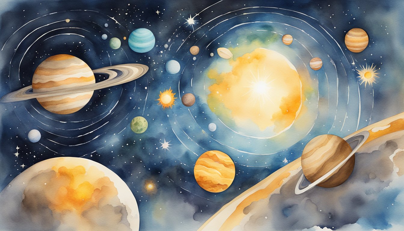 The Solar System and Beyond: Sun at center, planets orbiting, stars in background, asteroids and comets scattered